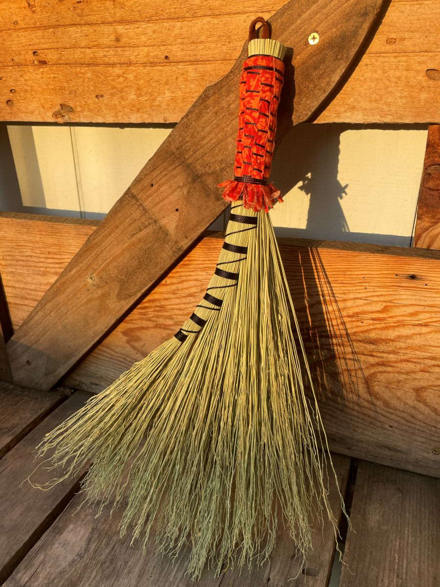 Handmade Turkey Wing 16" Broom with Orange Woven Handle, Leather Hanging Loop - Image 2