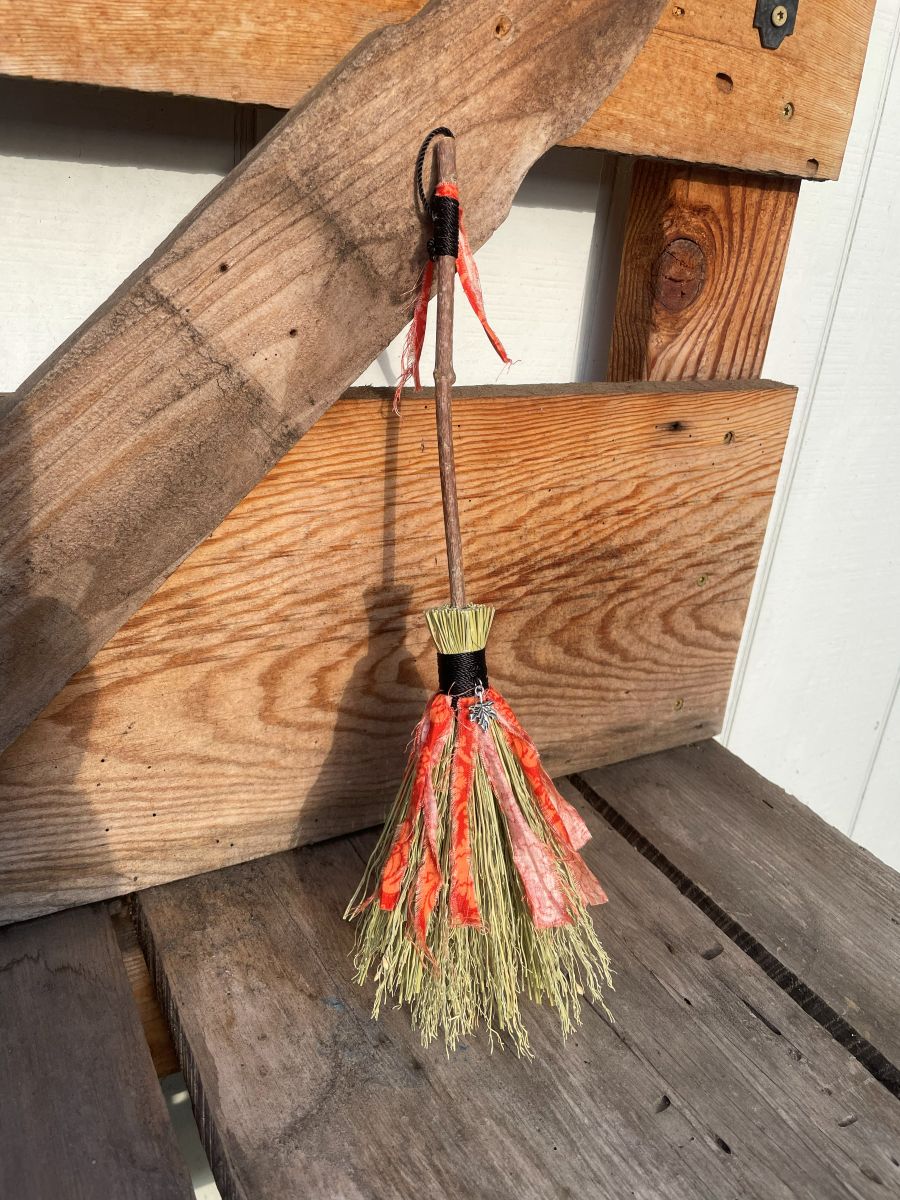 Handmade Wood Handle Small Broom 14", Black Cord and Orange Fabric with Leaf Charm - Image 2