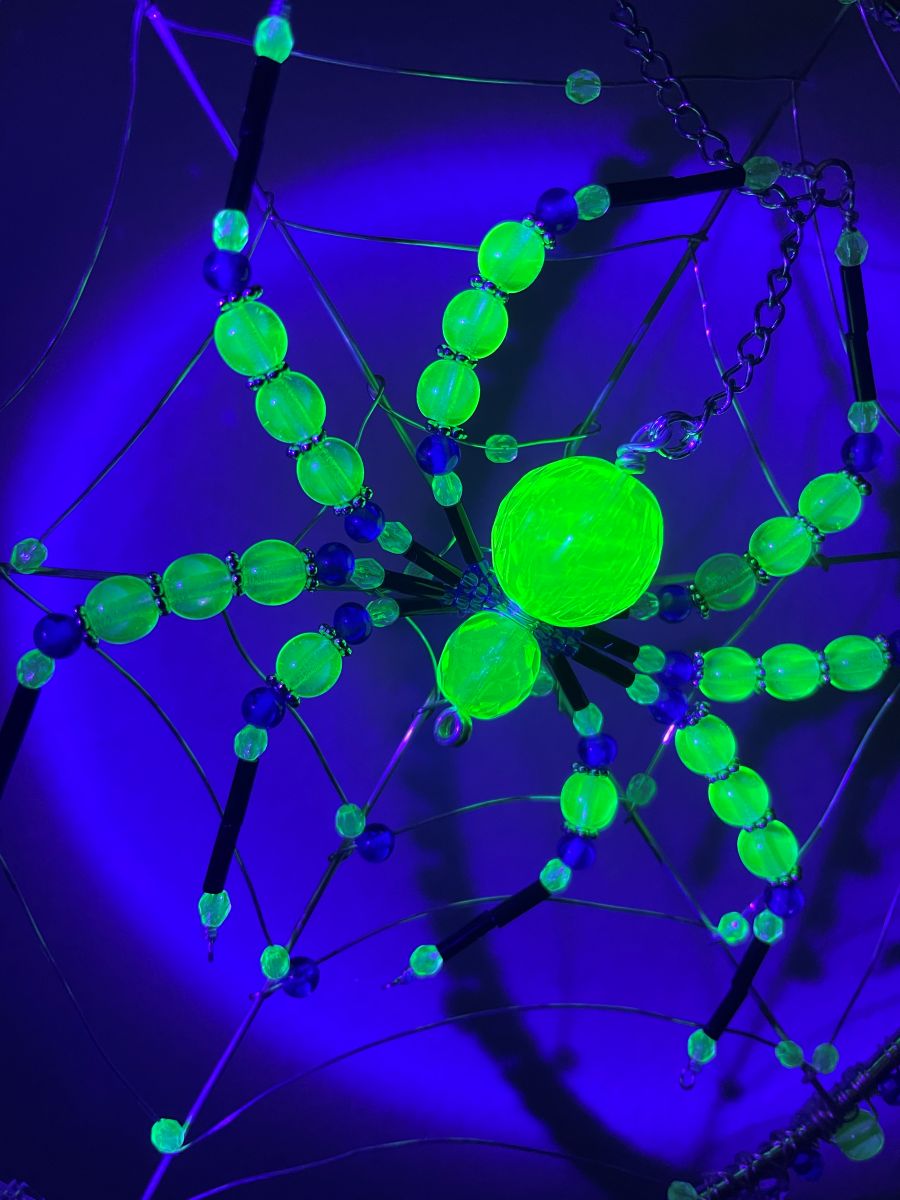 Handmade Spider on Web Sun Catcher, Uranium Glass with Blue Accents - Image 9