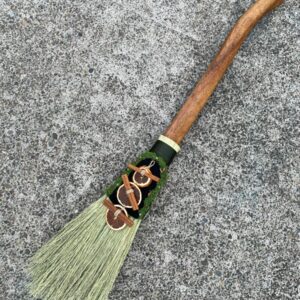 Handmade Decorative Sweeper Broom with Natural Wooden Axe Handle, Forest Green Cord