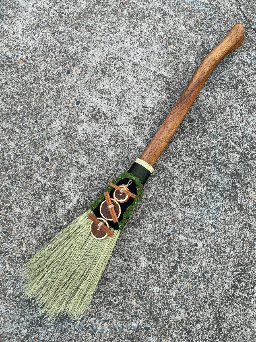 Handmade Decorative Sweeper Broom with Natural Wooden Axe Handle, Forest Green Cord