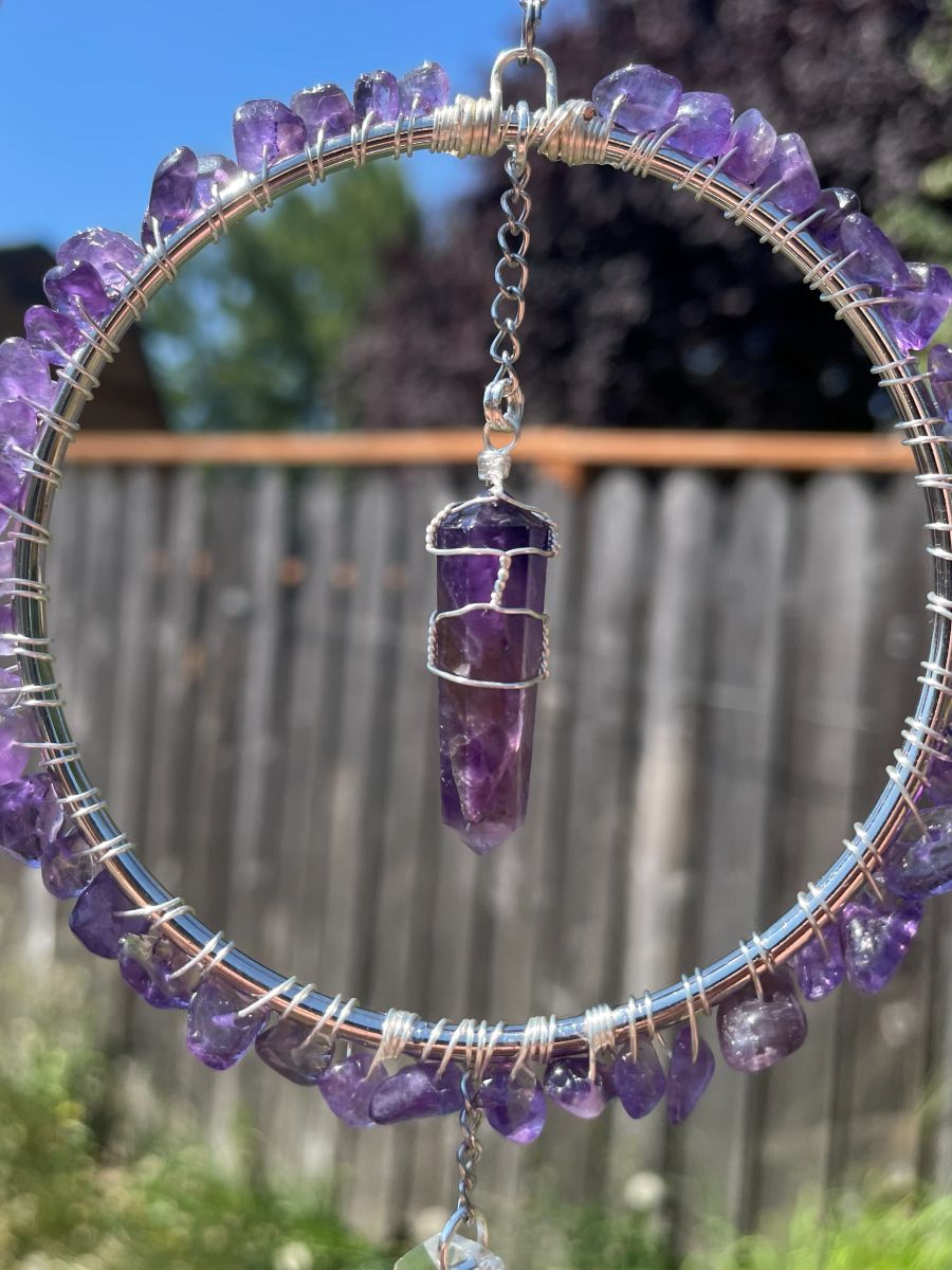 Handmade Wrapped Amethyst Sun Catcher Hoop, Silver Tone Accents - Image 7
