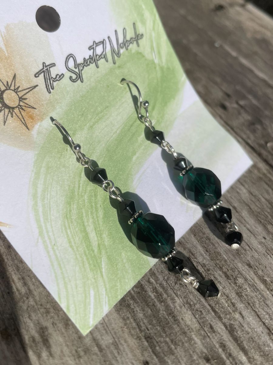 Handmade Earrings, Dangle Green and Black Glass Beads, with Stainless Steel Fishhook Ear Wire - Image 2