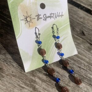Handmade Earrings, Dangle Blue Glass Beads and Copper Swirl, with Stainless Steel Fishhook Ear Wire