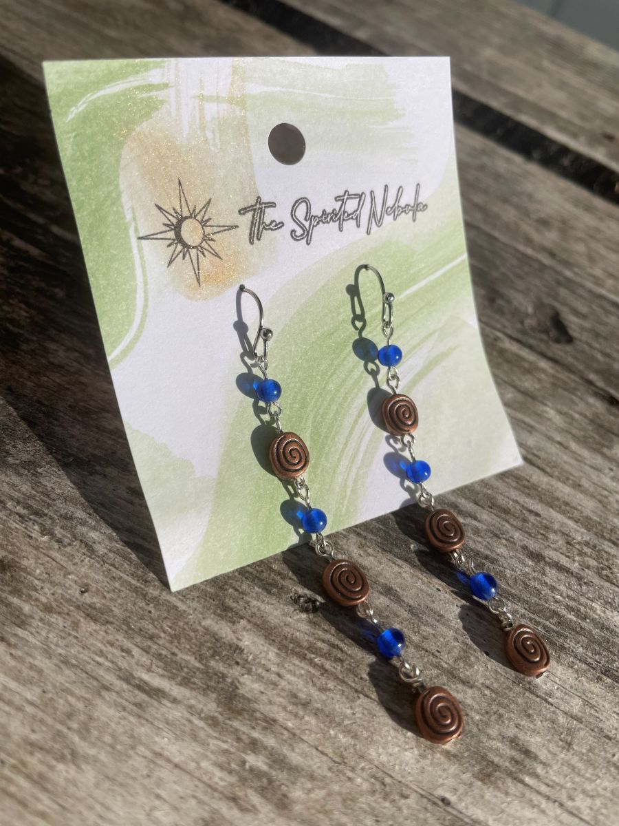 Handmade Earrings, Dangle Blue Glass Beads and Copper Swirl, with Stainless Steel Fishhook Ear Wire