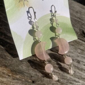 Handmade Earrings, Dangle Rose Quartz Moon Shaped Beads, with Stainless Steel Fishhook Ear Wire