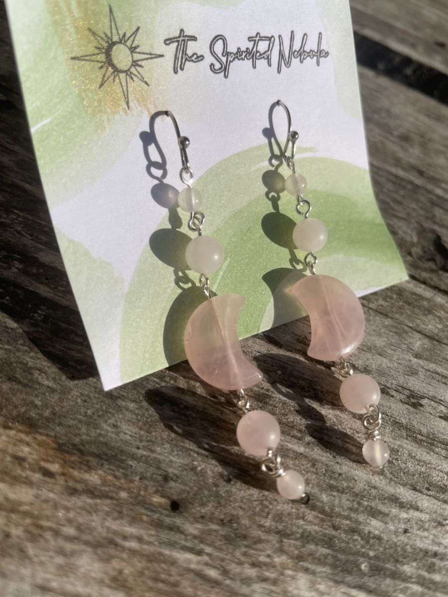 Handmade Earrings, Dangle Rose Quartz Moon Shaped Beads, with Stainless Steel Fishhook Ear Wire