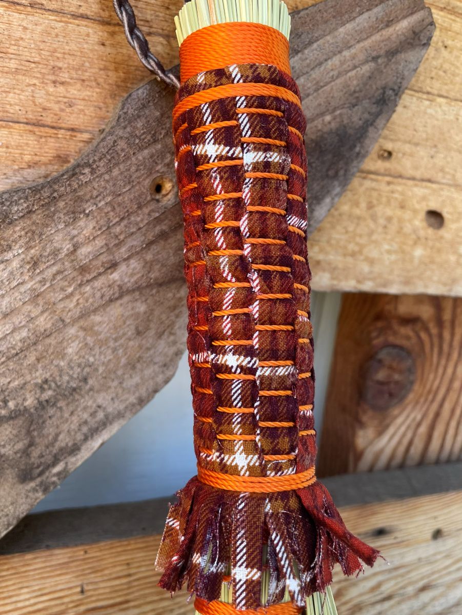 Handmade Turkey Wing 18" Broom with Brown Woven Handle, Braided Leather Hanging Loop - Image 2