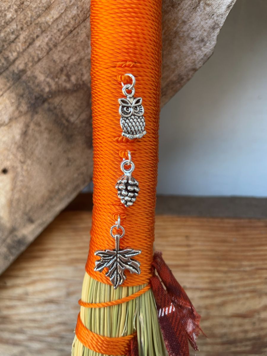 Handmade Turkey Wing 14" Broom with Orange Handle, Fall Charms, Braided Hanging Loop - Image 3
