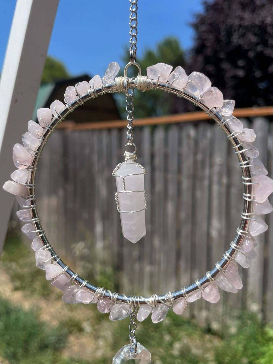 Handmade Wrapped Rose Quartz Sun Catcher Hoop, Silver Tone Accents - Image 4
