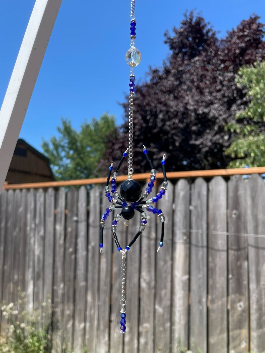 Handmade Hanging Spider Sun Catcher, Black with Blue / Gray Accents, Silver Tone - Image 2