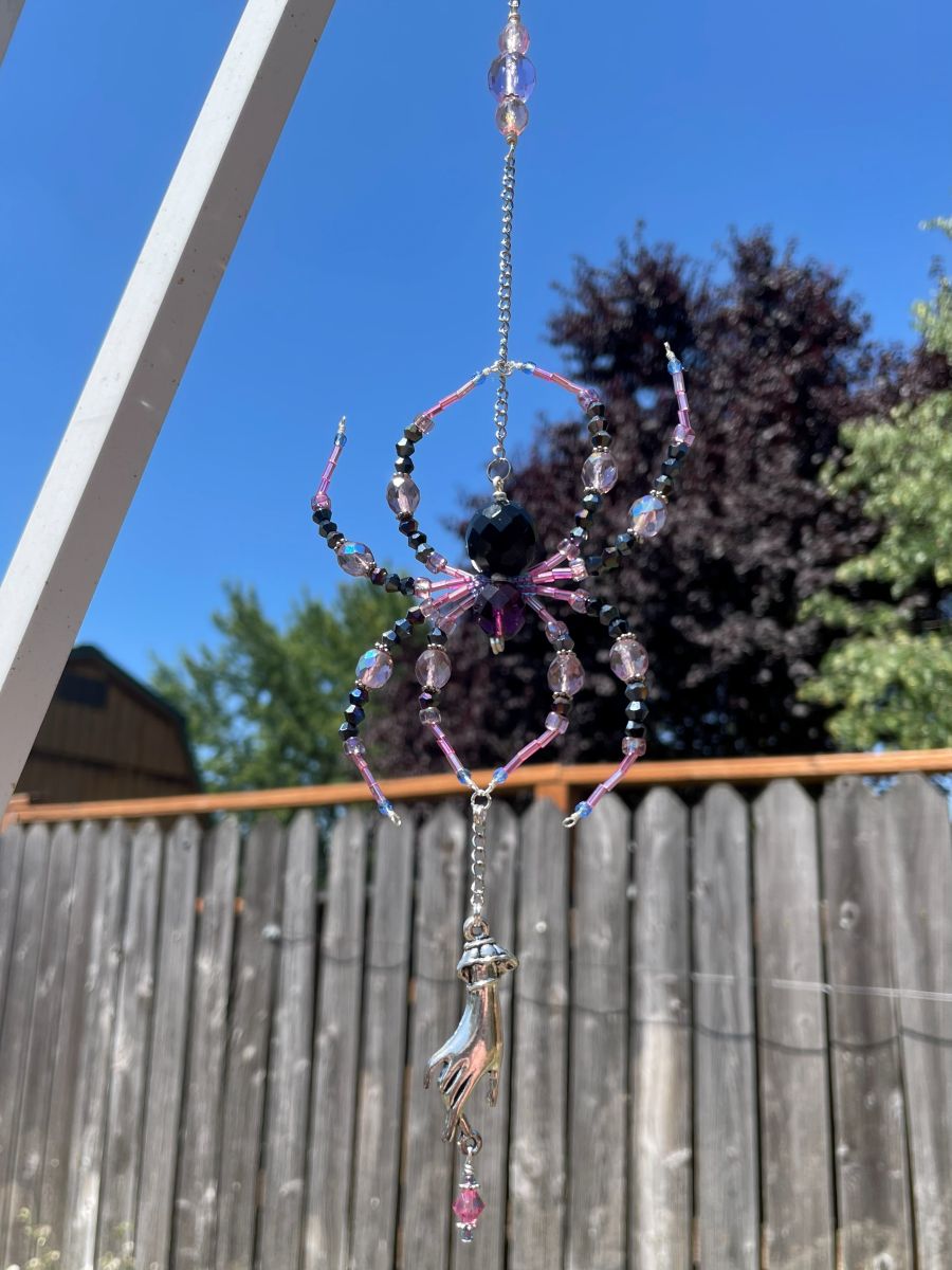 Handmade Hanging Spider Sun Catcher, Pink with Black Accents, Hand Charm - Image 3