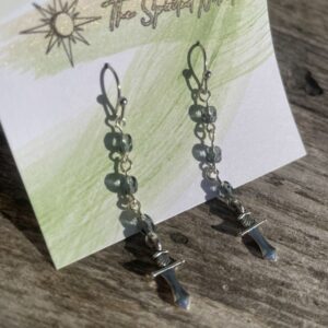 Handmade Earrings, Dangle Gray Glass Beads and Dagger Charm, with Stainless Steel Fishhook Ear Wire