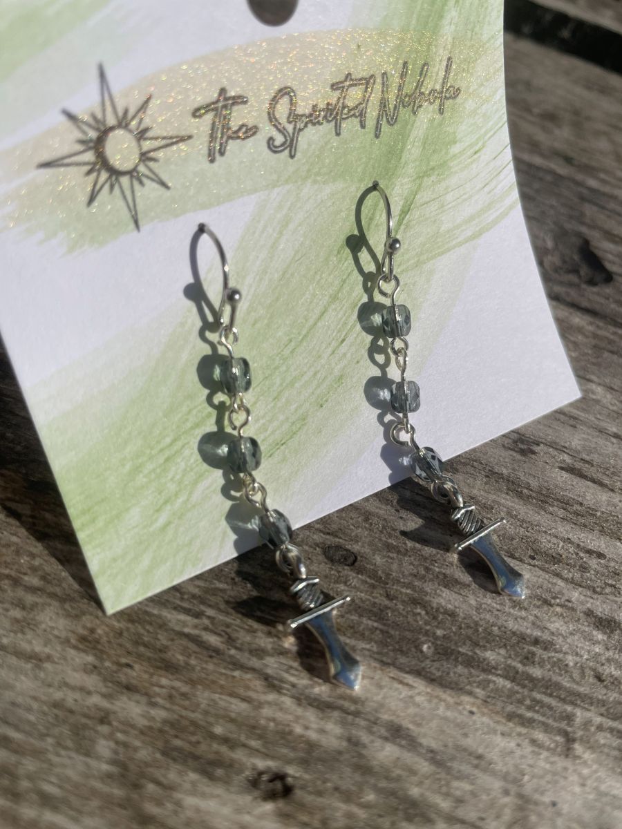 Handmade Earrings, Dangle Gray Glass Beads and Dagger Charm, with Stainless Steel Fishhook Ear Wire
