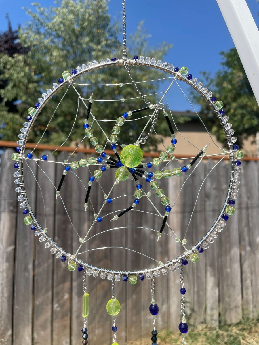 Handmade Spider on Web Sun Catcher, Uranium Glass with Blue Accents - Image 2