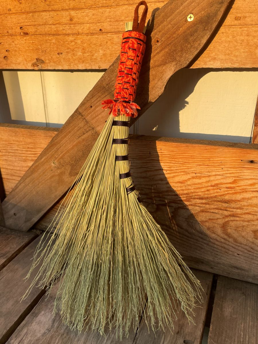 Handmade Turkey Wing 16" Broom with Orange Woven Handle, Leather Hanging Loop - Image 4