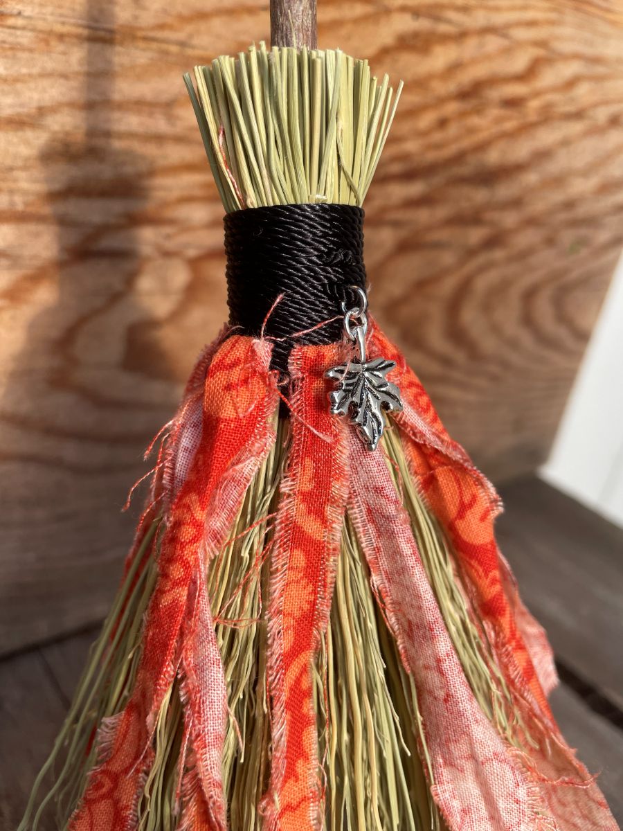 Handmade Wood Handle Small Broom 14", Black Cord and Orange Fabric with Leaf Charm - Image 6