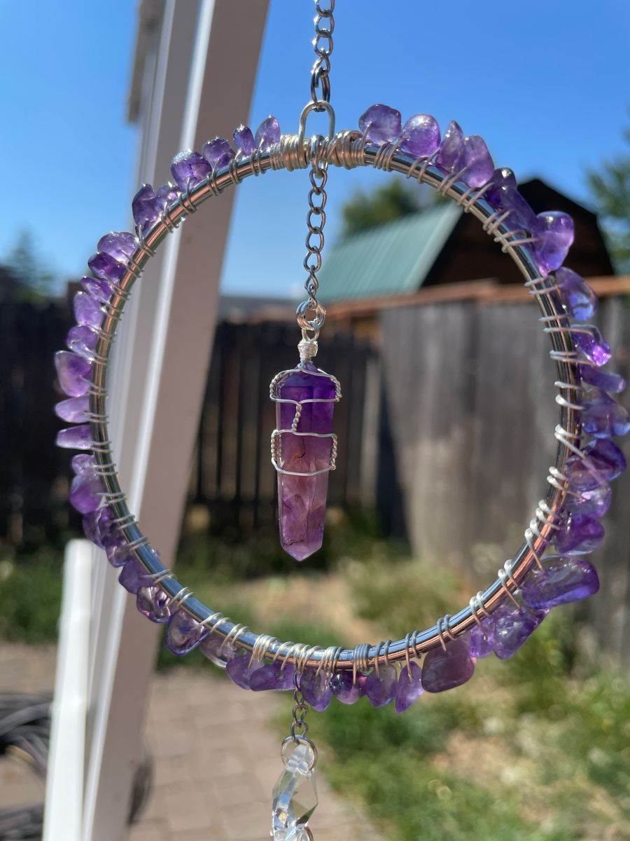Handmade Wrapped Amethyst Sun Catcher Hoop, Silver Tone Accents - Image 6