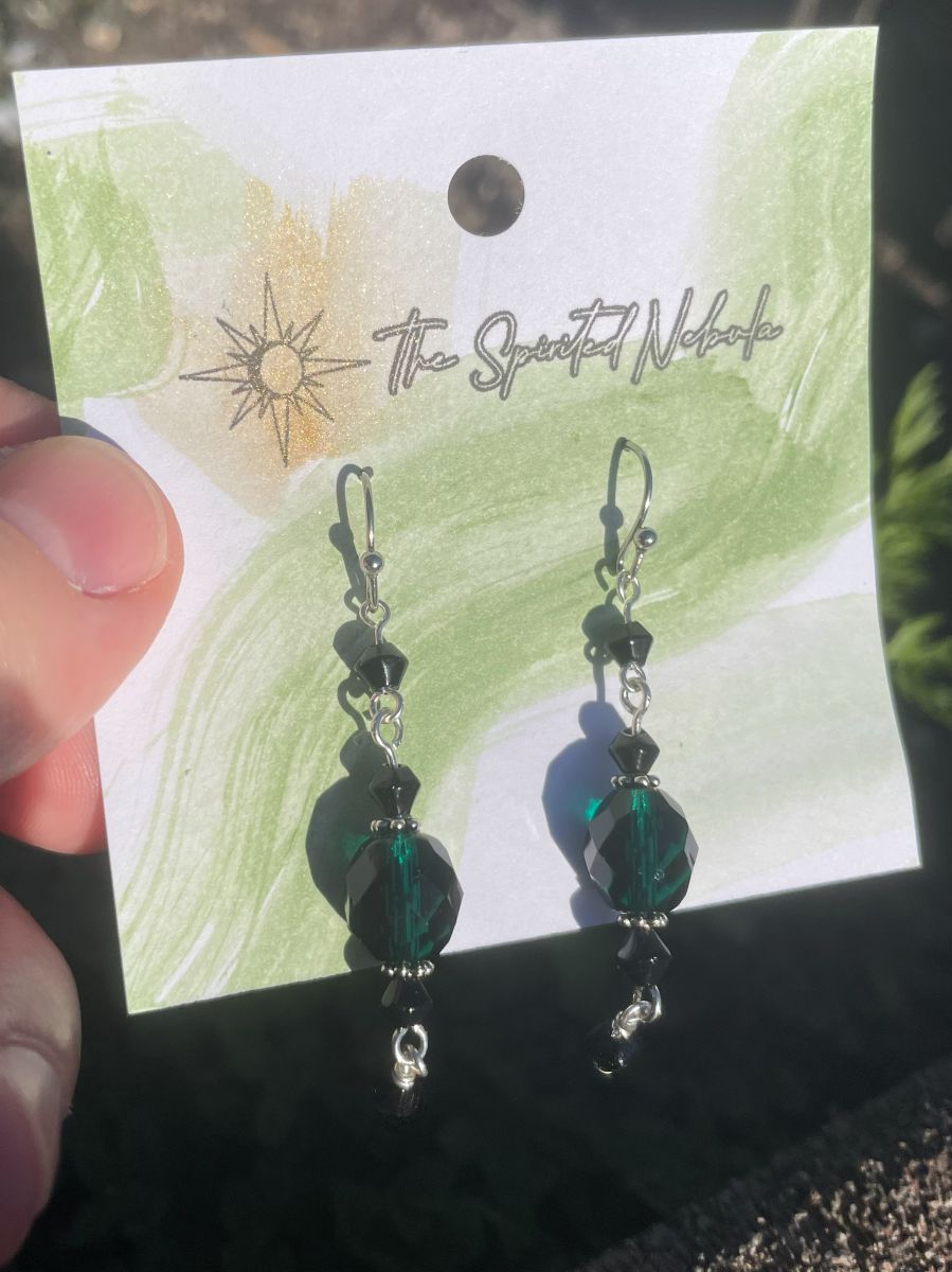 Handmade Earrings, Dangle Green and Black Glass Beads, with Stainless Steel Fishhook Ear Wire - Image 4