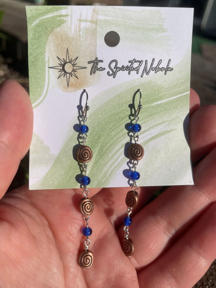 Handmade Earrings, Dangle Blue Glass Beads and Copper Swirl, with Stainless Steel Fishhook Ear Wire - Image 3