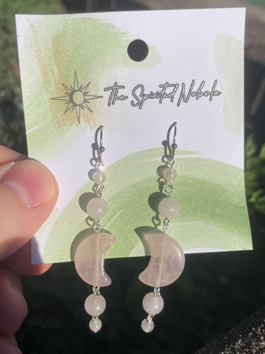 Handmade Earrings, Dangle Rose Quartz Moon Shaped Beads, with Stainless Steel Fishhook Ear Wire - Image 3