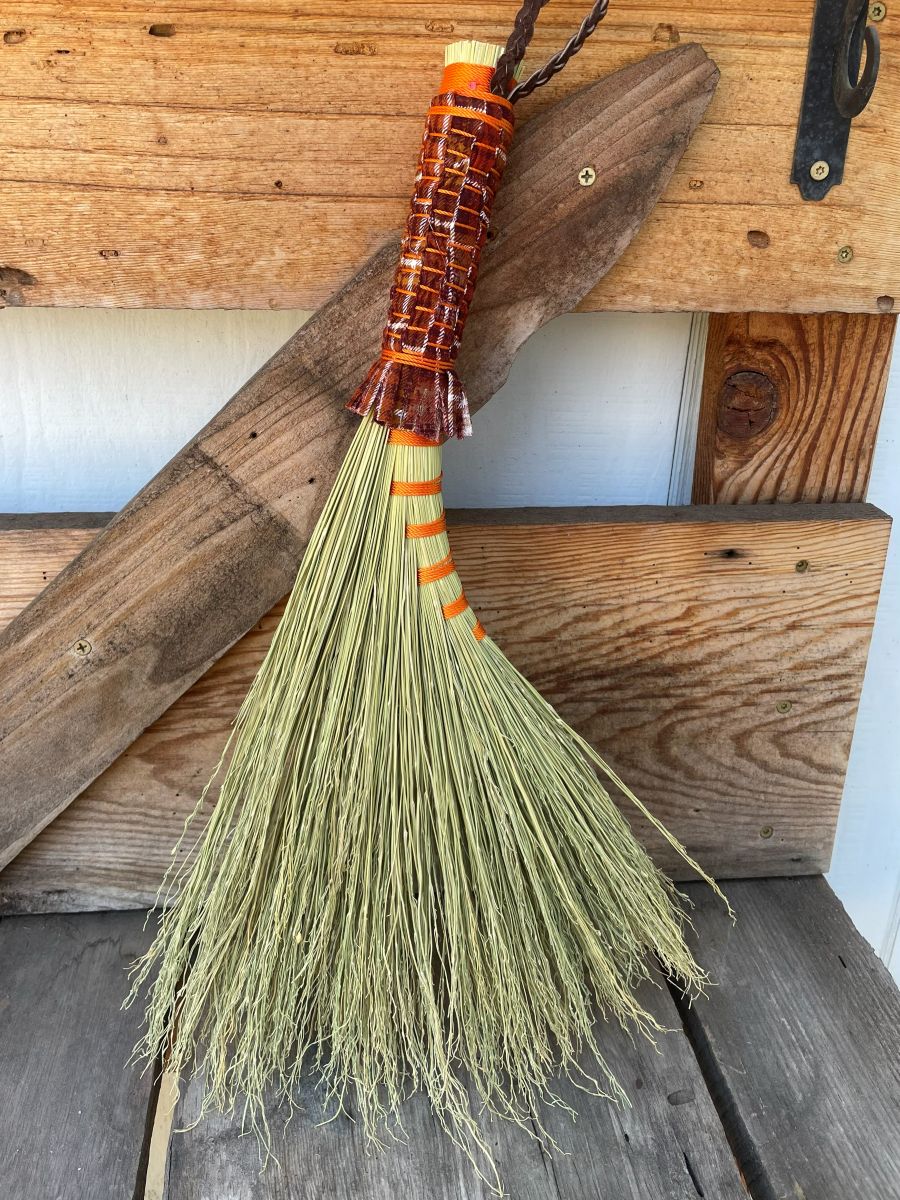 Handmade Turkey Wing 18" Broom with Brown Woven Handle, Braided Leather Hanging Loop - Image 3