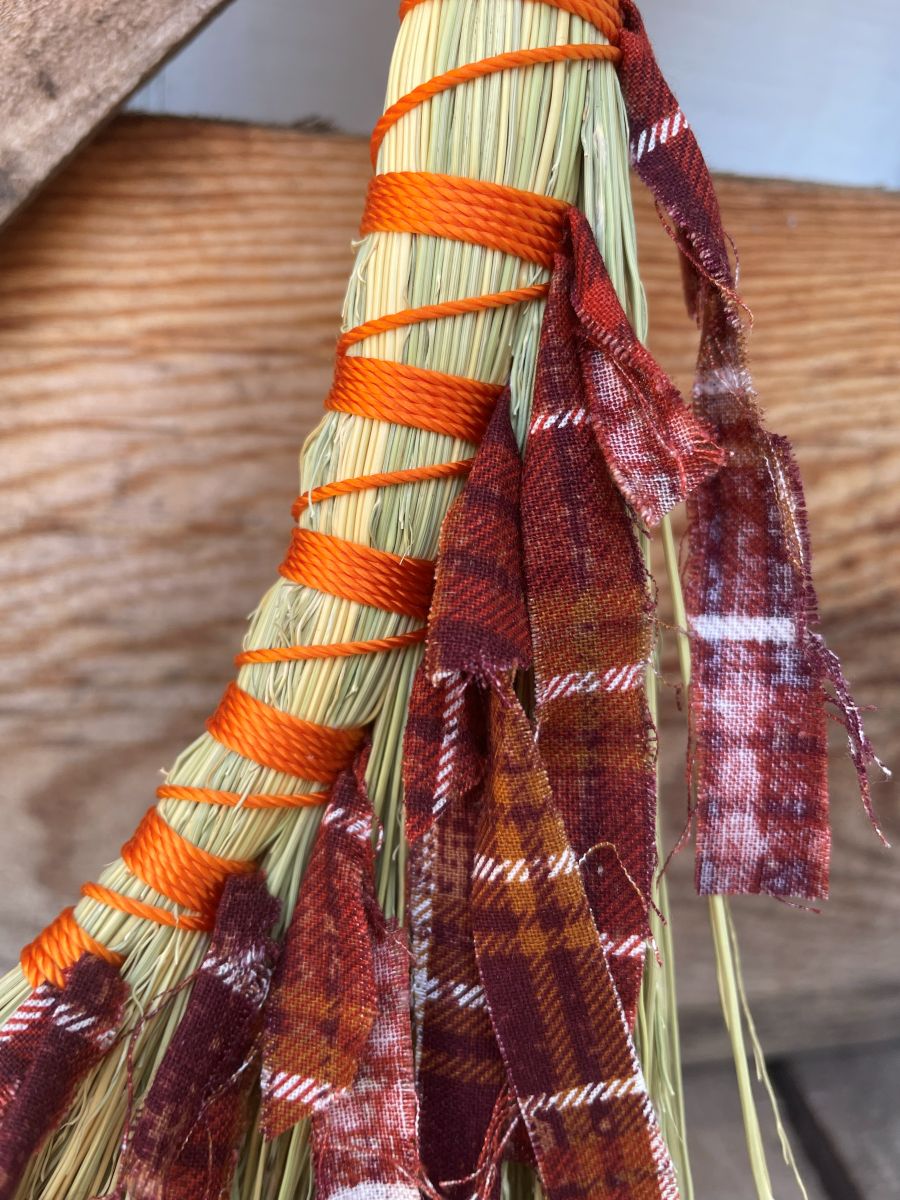 Handmade Turkey Wing 14" Broom with Orange Handle, Fall Charms, Braided Hanging Loop - Image 4