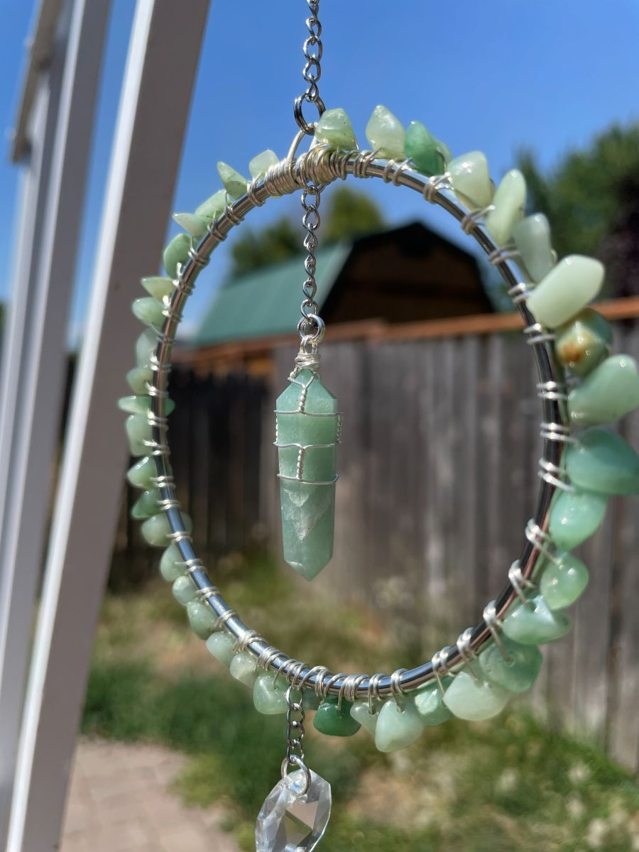 Handmade Wrapped Aventurine Sun Catcher Hoop, Silver Tone Accents