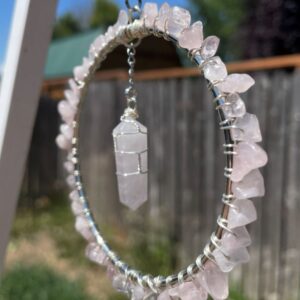 Handmade Wrapped Rose Quartz Sun Catcher Hoop, Silver Tone Accents