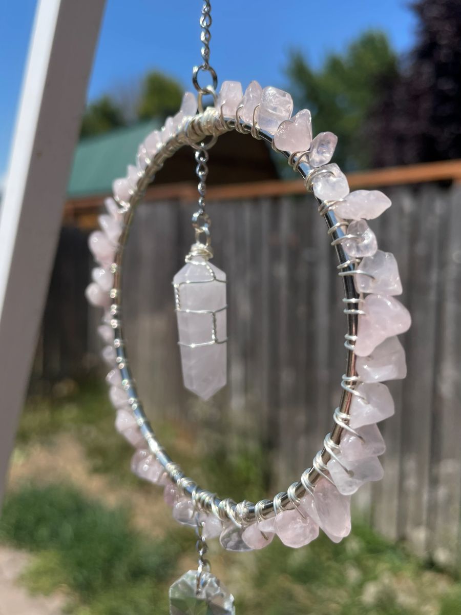Handmade Wrapped Rose Quartz Sun Catcher Hoop, Silver Tone Accents