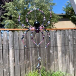 Handmade Hanging Spider Sun Catcher, Pink with Black Accents, Hand Charm