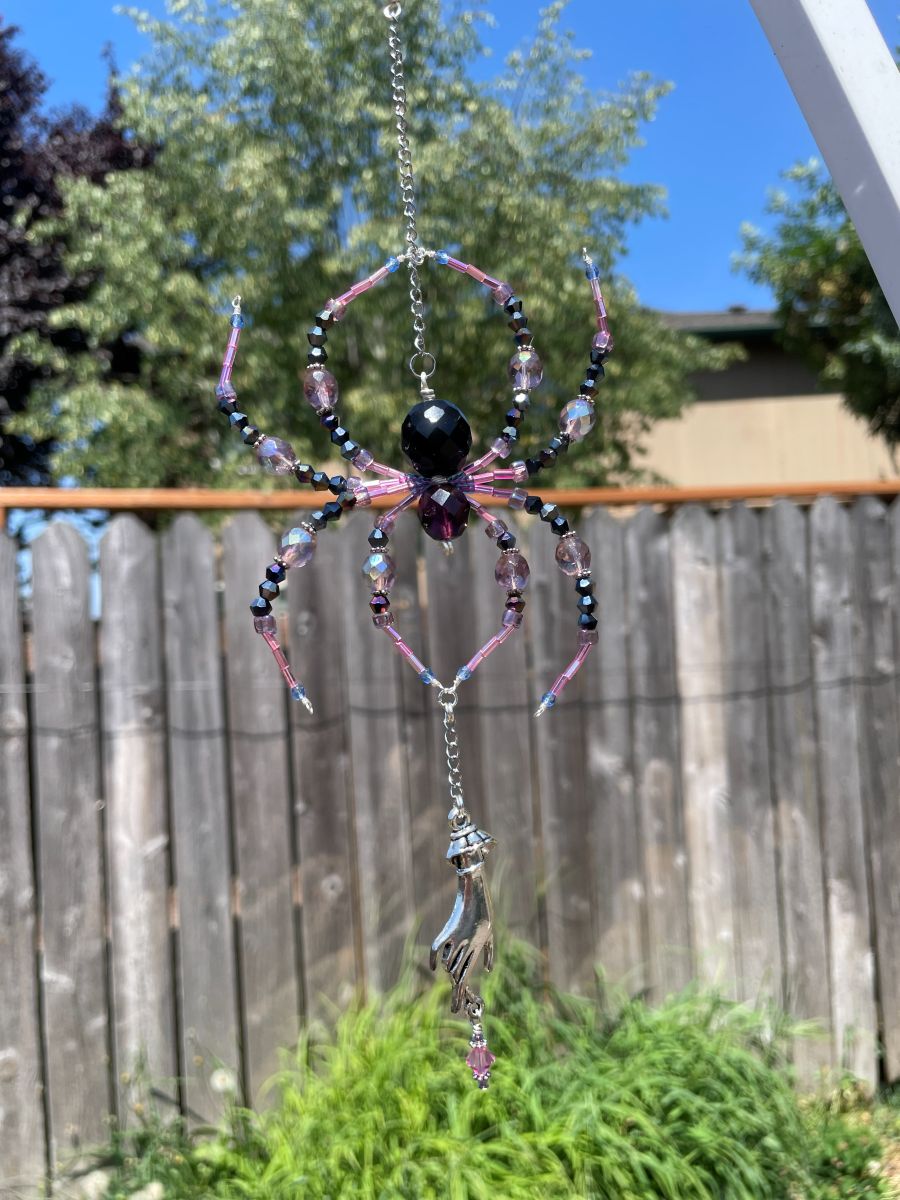 Handmade Hanging Spider Sun Catcher, Pink with Black Accents, Hand Charm