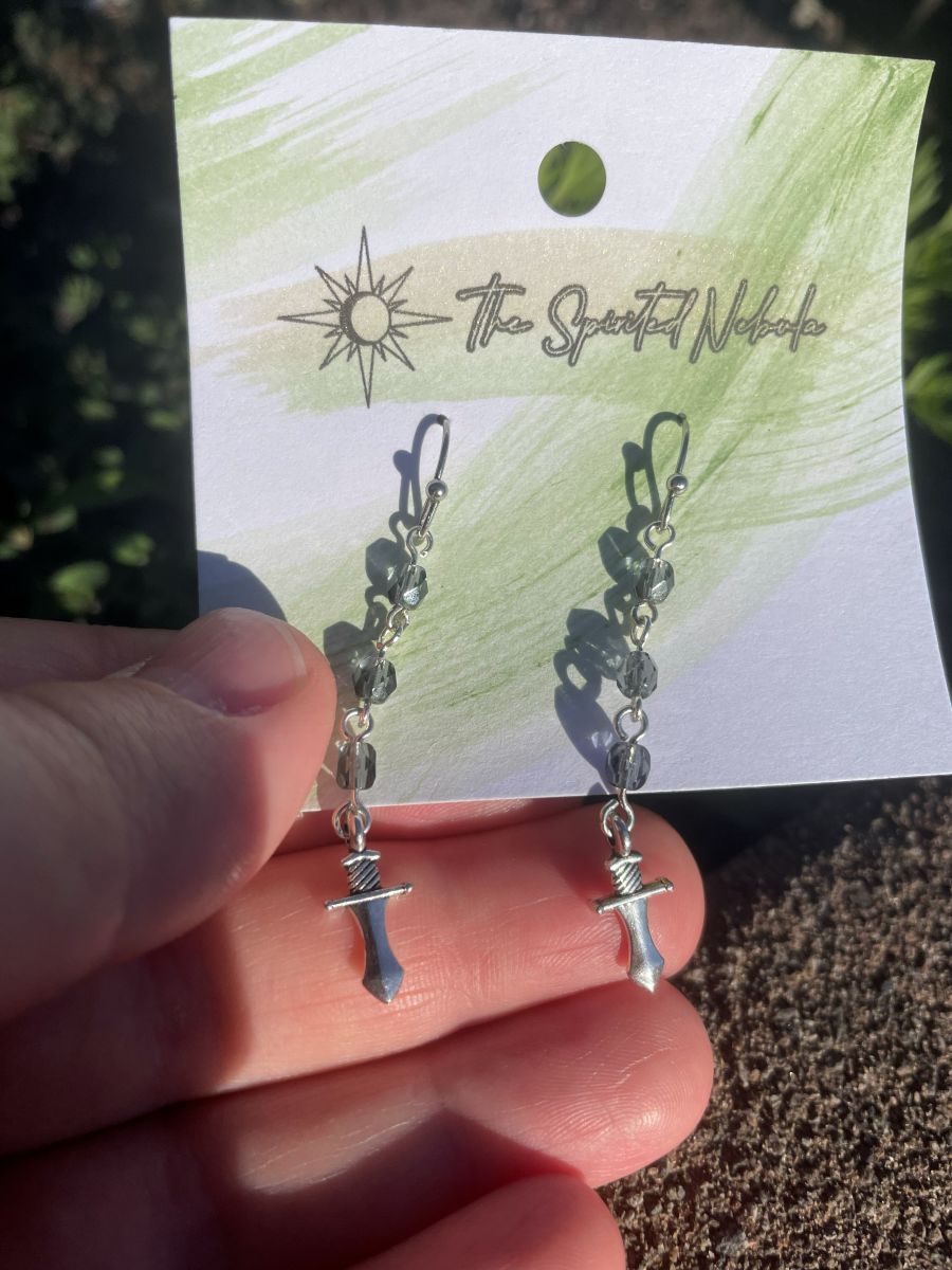Handmade Earrings, Dangle Gray Glass Beads and Dagger Charm, with Stainless Steel Fishhook Ear Wire - Image 3