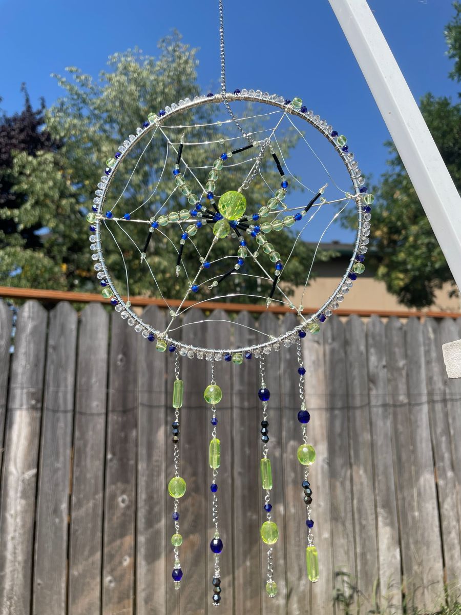 Handmade Spider on Web Sun Catcher, Uranium Glass with Blue Accents - Image 8