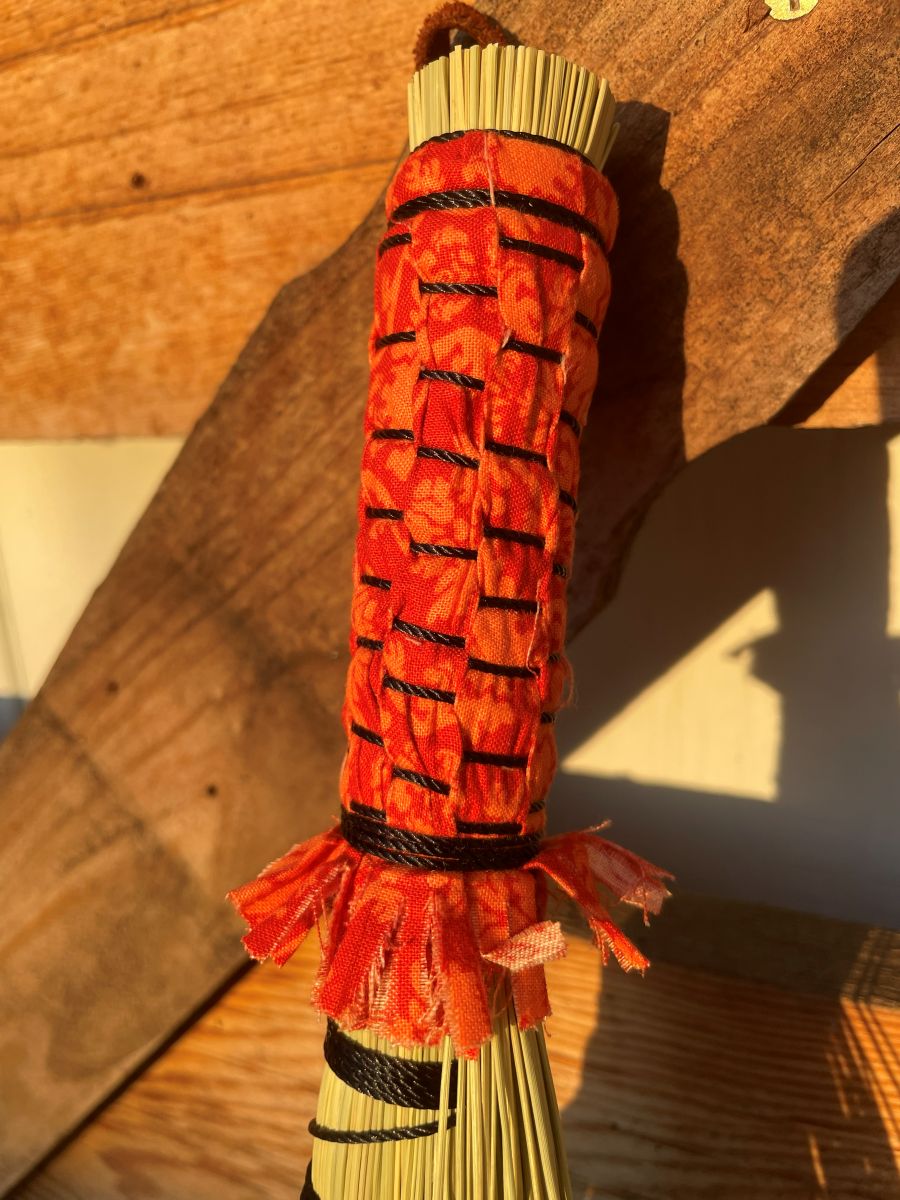 Handmade Turkey Wing 16" Broom with Orange Woven Handle, Leather Hanging Loop - Image 3