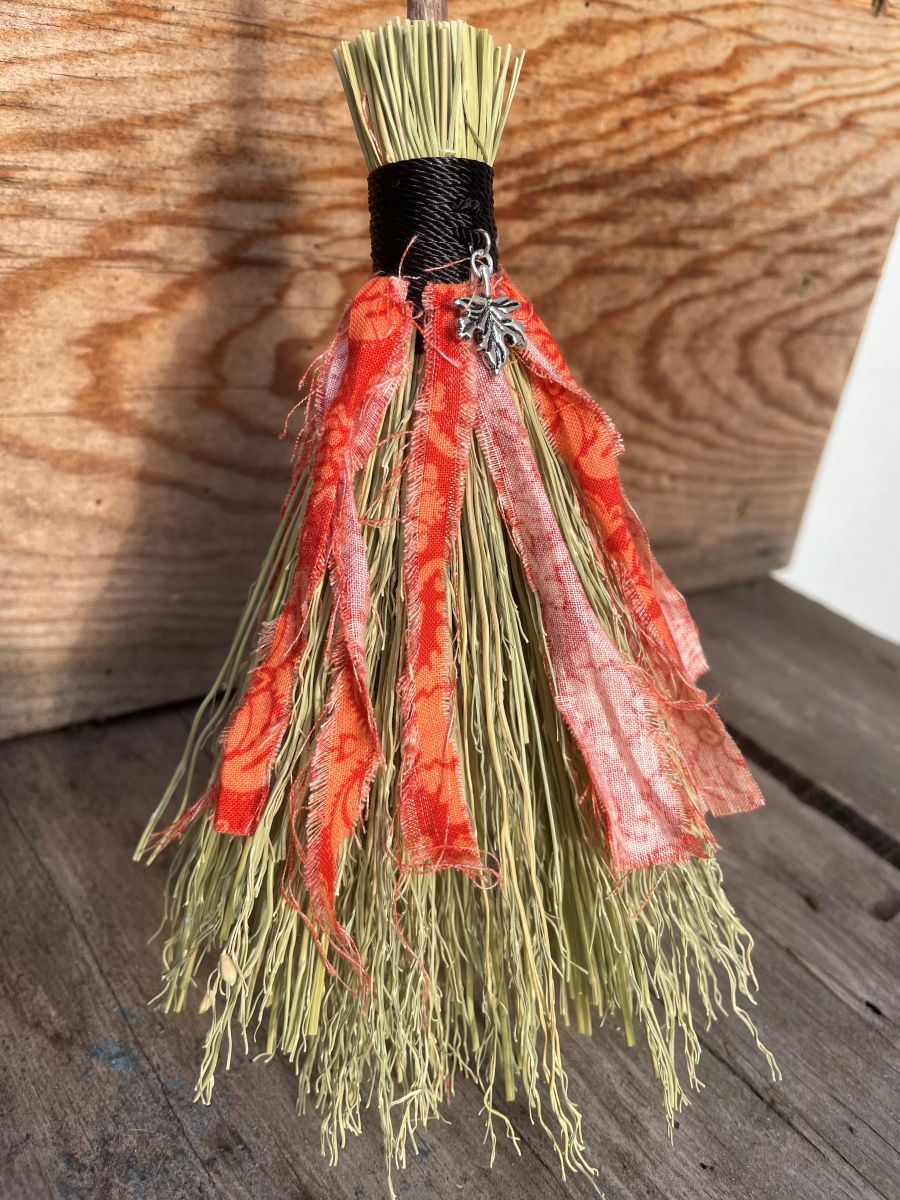 Handmade Wood Handle Small Broom 14", Black Cord and Orange Fabric with Leaf Charm - Image 5