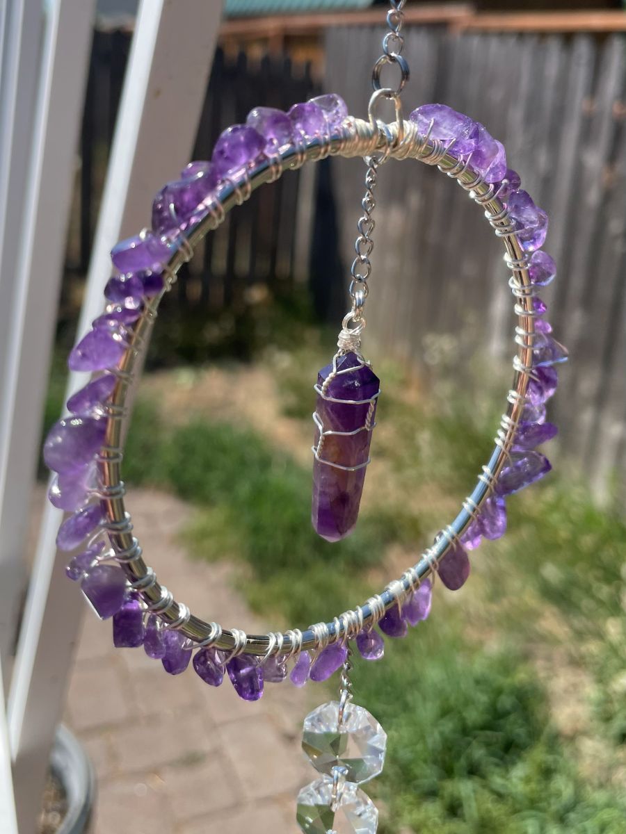 Handmade Wrapped Amethyst Sun Catcher Hoop, Silver Tone Accents - Image 5