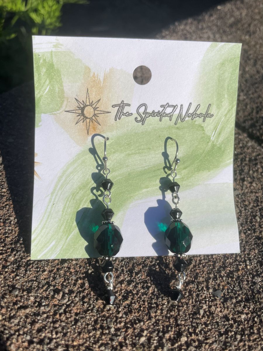 Handmade Earrings, Dangle Green and Black Glass Beads, with Stainless Steel Fishhook Ear Wire - Image 3
