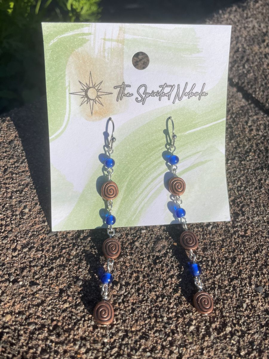 Handmade Earrings, Dangle Blue Glass Beads and Copper Swirl, with Stainless Steel Fishhook Ear Wire - Image 4