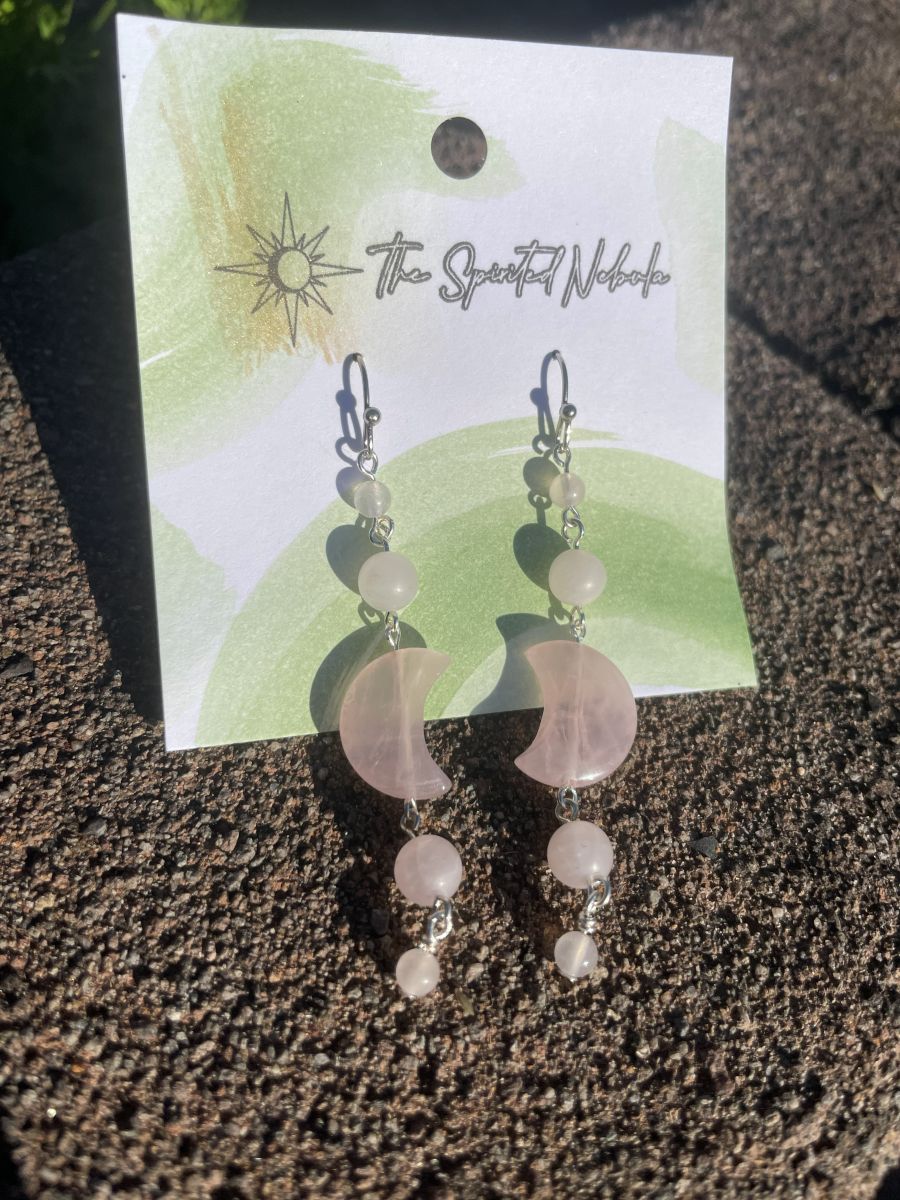 Handmade Earrings, Dangle Rose Quartz Moon Shaped Beads, with Stainless Steel Fishhook Ear Wire - Image 4