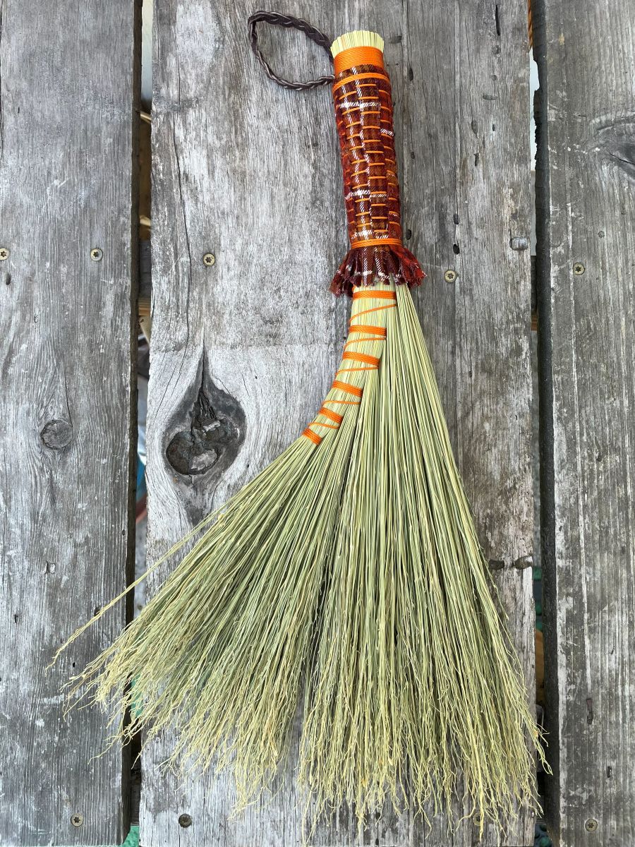Handmade Turkey Wing 18" Broom with Brown Woven Handle, Braided Leather Hanging Loop - Image 4