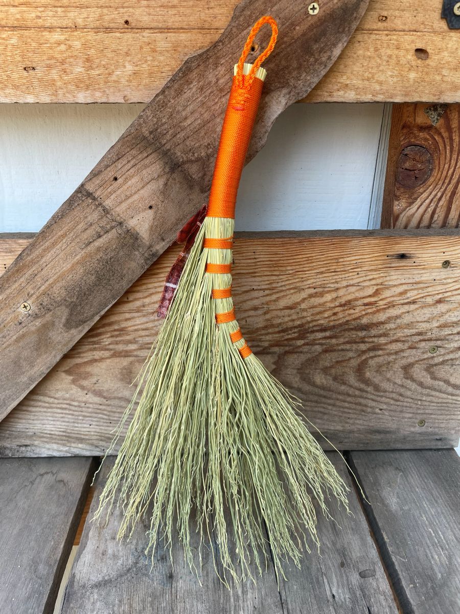 Handmade Turkey Wing 14" Broom with Orange Handle, Fall Charms, Braided Hanging Loop - Image 5