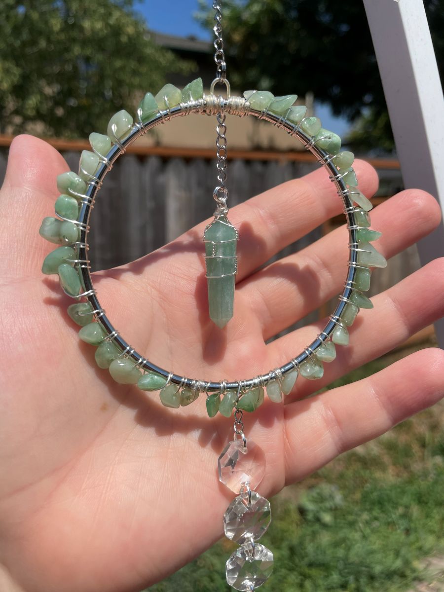 Handmade Wrapped Aventurine Sun Catcher Hoop, Silver Tone Accents - Image 5