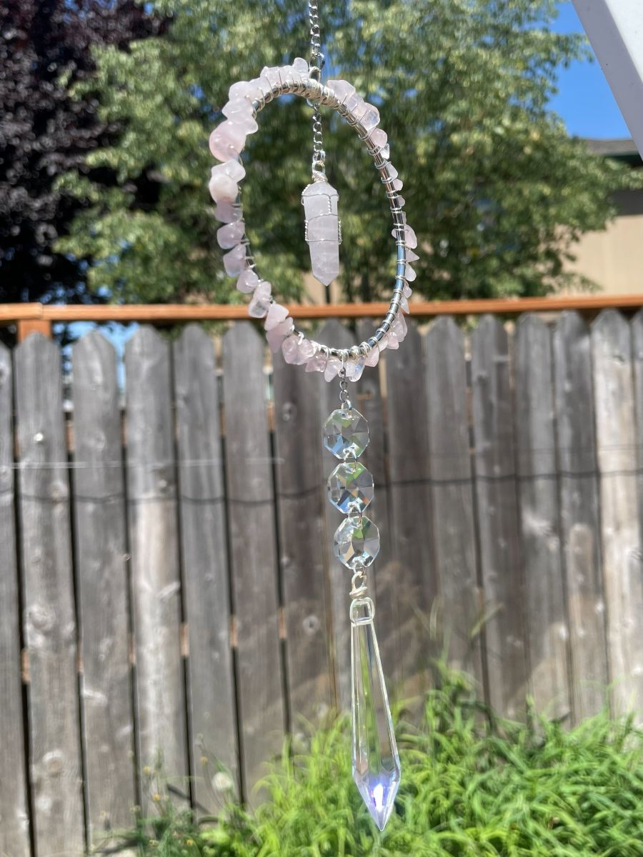 Handmade Wrapped Rose Quartz Sun Catcher Hoop, Silver Tone Accents - Image 5