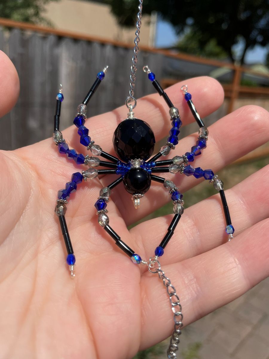 Handmade Hanging Spider Sun Catcher, Black with Blue / Gray Accents, Silver Tone - Image 4