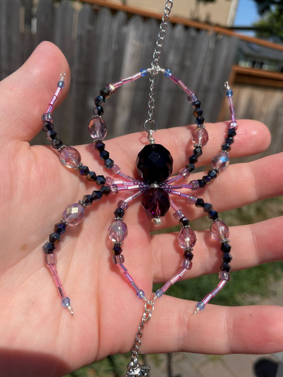 Handmade Hanging Spider Sun Catcher, Pink with Black Accents, Hand Charm - Image 5