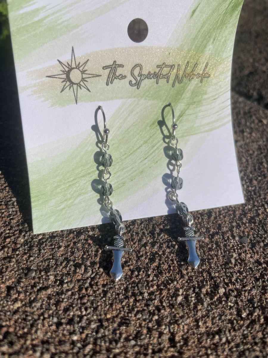 Handmade Earrings, Dangle Gray Glass Beads and Dagger Charm, with Stainless Steel Fishhook Ear Wire - Image 4