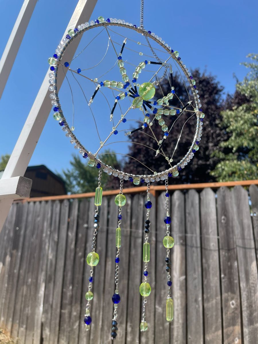 Handmade Spider on Web Sun Catcher, Uranium Glass with Blue Accents - Image 7