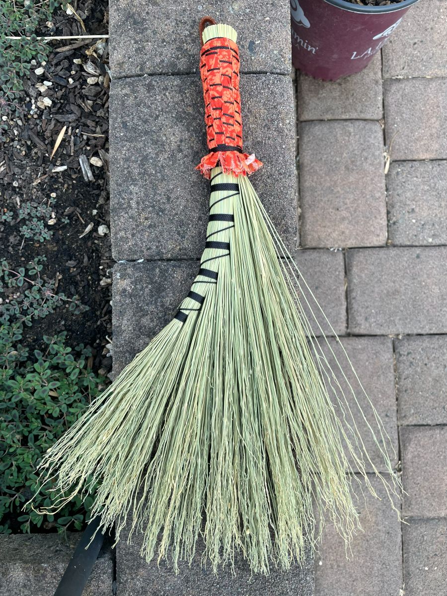 Handmade Turkey Wing 16" Broom with Orange Woven Handle, Leather Hanging Loop - Image 6