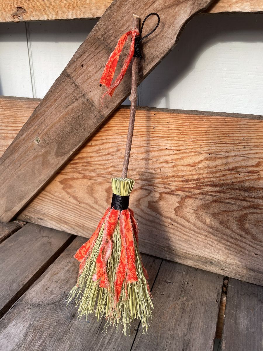 Handmade Wood Handle Small Broom 14", Black Cord and Orange Fabric with Leaf Charm - Image 4